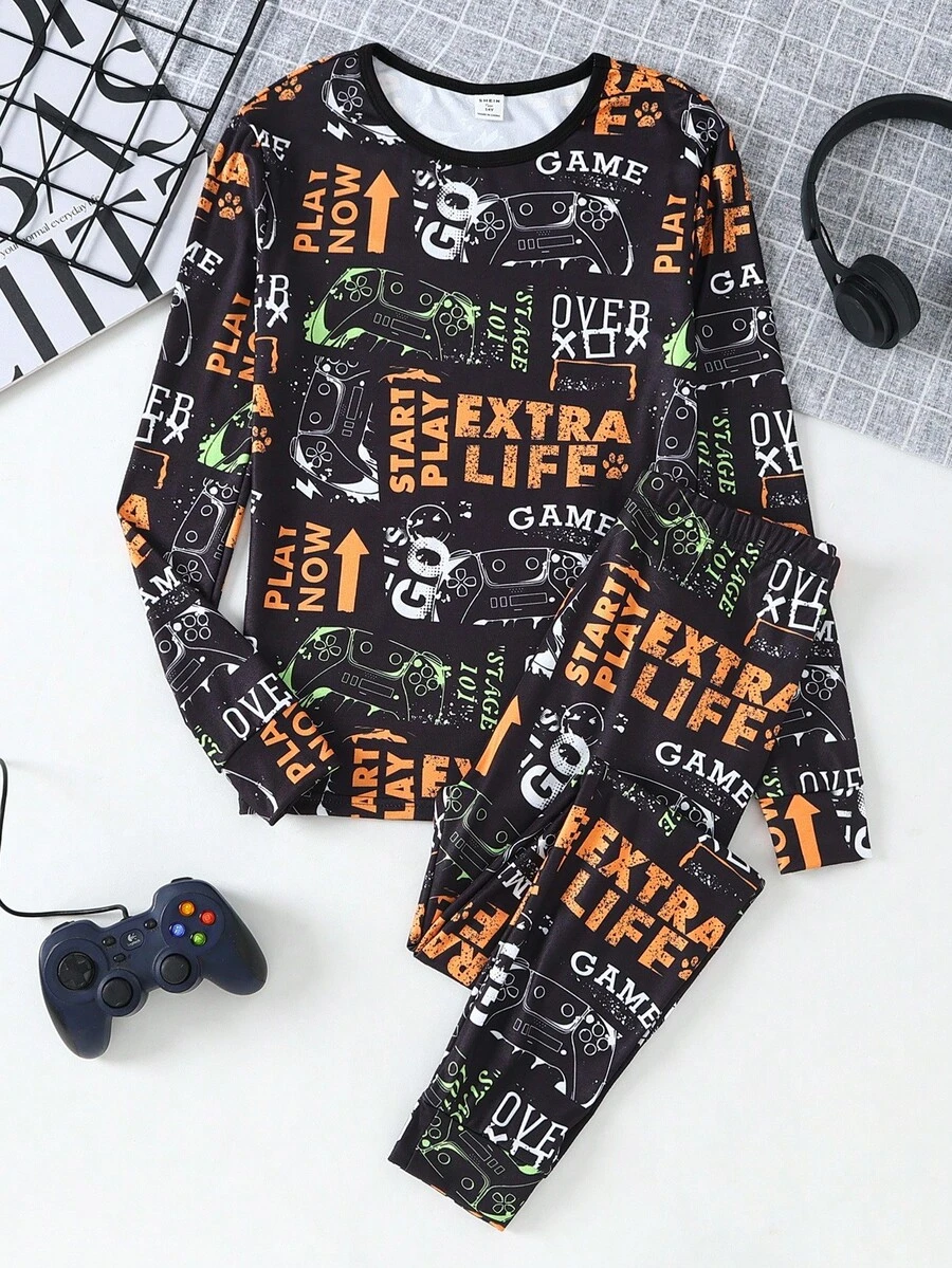 2pcs Teen Boys' Graffiti Game Console Print Knit Stretchy Fabric Comfortable Soft Orange & White Round Neck Long Sleeve Top And Pants Loungewear Set - Multicolor - View 1