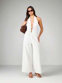 MISSGUIDED 露背系带全长连体裤夏季度假阔腿裤优雅 - 白色 - 查看 4