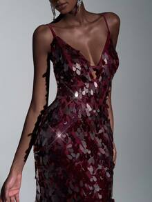 Elitara 时尚、性感、前卫、网眼、闪亮、栗色、亮片面料、细肩带紧身胸衣、镂空、露背、加厚罩杯、鱼尾下摆连衣裙、适合夜店、派对、度假、鸡尾酒会 - 紅色 - 查看 6