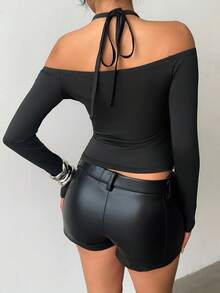 Aloruh Women's Fashion Commuter Rivet Decor Cold Shoulder Halter Top, Fall Autumn Back To School Homecoming Rave Festival Country Concert Ibiza - Black - View 4