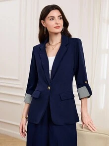 SHEIN LUNE 女士休闲通勤卷袖西装外套，休闲款 - 藏蓝色 - 查看 1