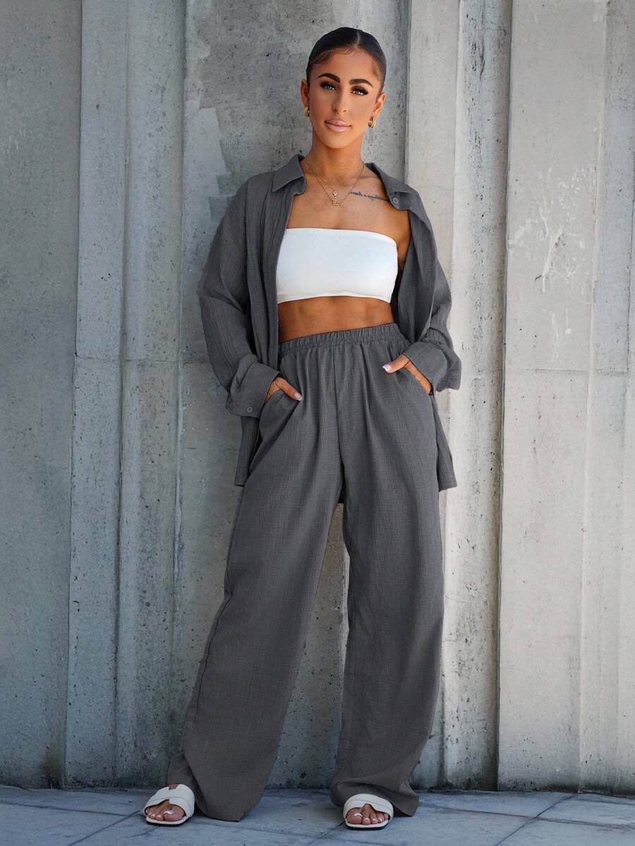 SAYEHFBABY 2pcs Women Solid Color Long Sleeve Single-Breasted Shirt And Pants Casual Suit, Autumn - Grey - View 1