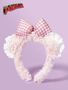1pc Lace Bear Adorable Milk Puff Bear Ears & Pink Bow Plush Headband - Soft Polyester Lace Cartoon Hair Hoop For All Hair Types, Perfect For Face Washing & Styling, Teddy Bear Plush - Multicolor - View 4