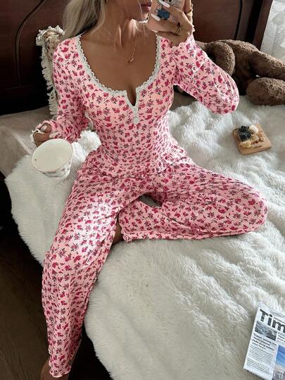 CottageSlumber Cottage Slumber Kanten Square Neck Button Romantic Ditsy Bloemen Long Sleeve Top Pants Pajama Set Roze Pyjama Comfy Matching Lounge Set, Fall Clothes view 6
