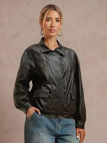 SHEIN Privé VITNOS 秋冬新款高端优雅时尚通勤复古落肩宽松西装外套皮夹克女超大皮夹克黑色皮夹克短款皮夹克女皮夹克 - 墨綠色 - 查看 8