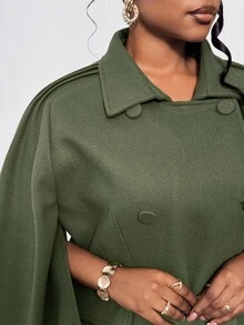 Maweii Plus Size Women Solid Color Button Front Cape Woolen Coat, Autumn/Winter - Army Green - View 2