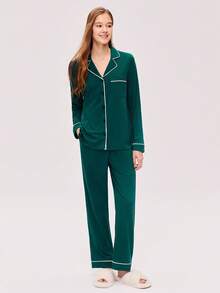 LUVLETTE Jul- och nyårspyjamas för par, mjuk, 100 % ren bomull, grön, kontrastfärgad, enkel, knäppt topp och byxor, loungekläder, pyjamasset med byxor och fickor, loungeset för kvinnor, höstkläder - Mörk Grön - Visa 5