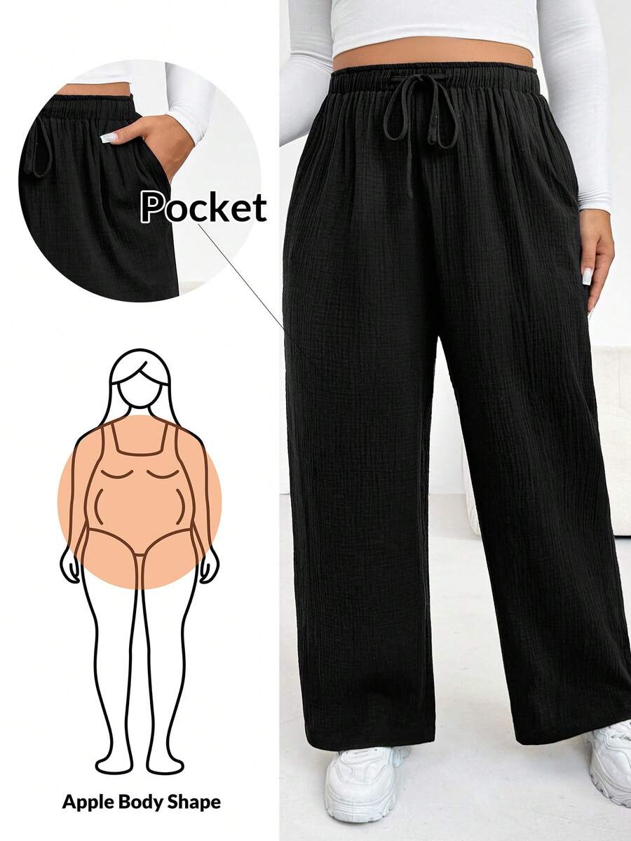 Shapeblank Pantalones casuales anchos de pierna ancha de algodón arrugado con cintura con cordón para mujeres de talla grande con forma de manzana, adecuados para vacaciones de invierno, pantalones negros, atuendos de aeropuerto, atuendo casual, pantalones de invierno para mujeres, atuendos de invierno para mujeres - Negro - Ver 1