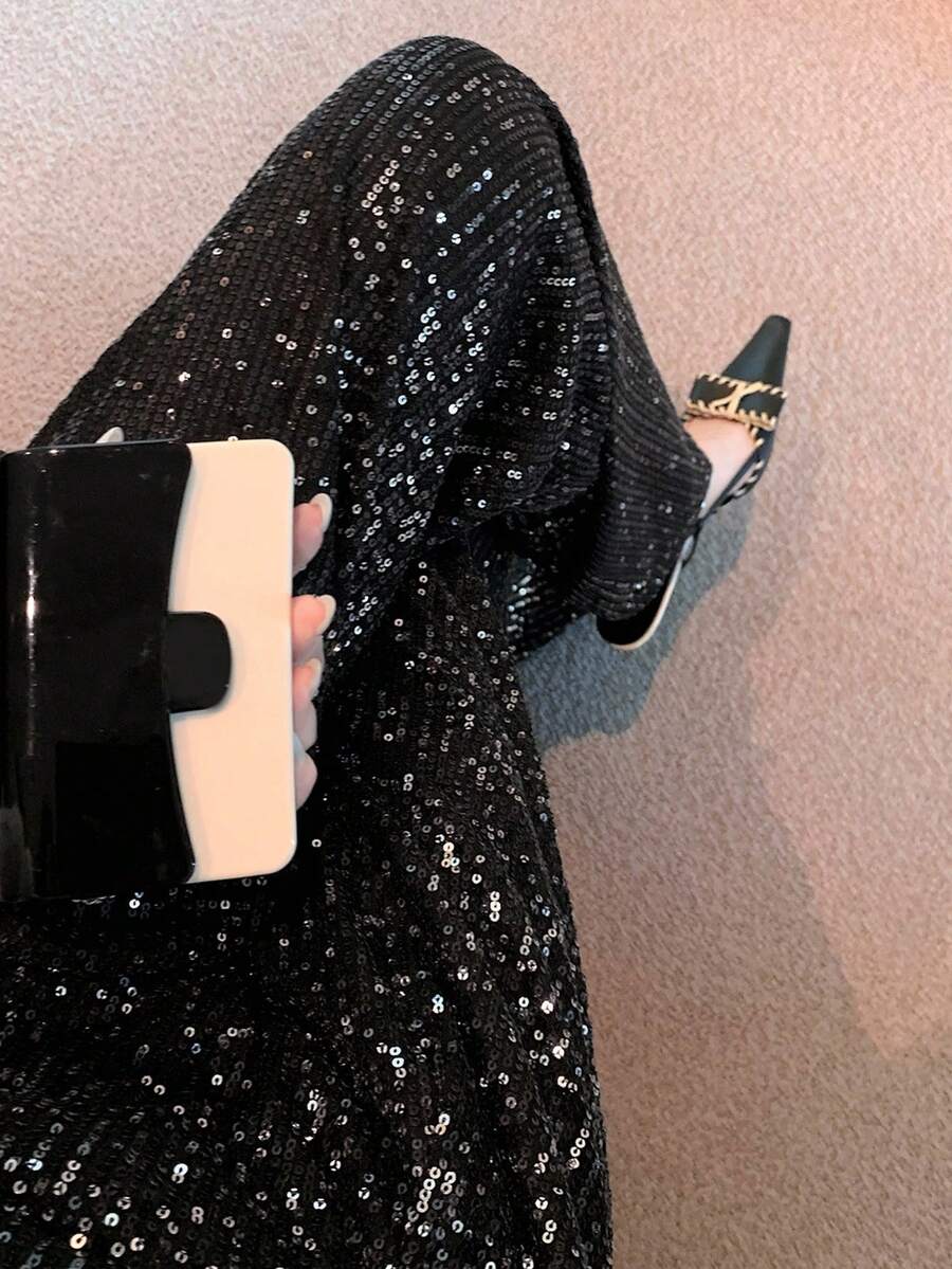 DAZY 女士优雅亮片装饰直筒裤,休闲百搭,适合新年、圣诞节、婚礼、派对、秋冬嘉年华等场合 - 黑色 - 查看 1