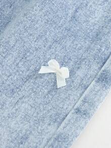 Young Girls Light Wash Denim Straight Leg Jeans With Bow Details Long Plain Zipper Casual Style Jeans With Bows Cute Baggy Jeans