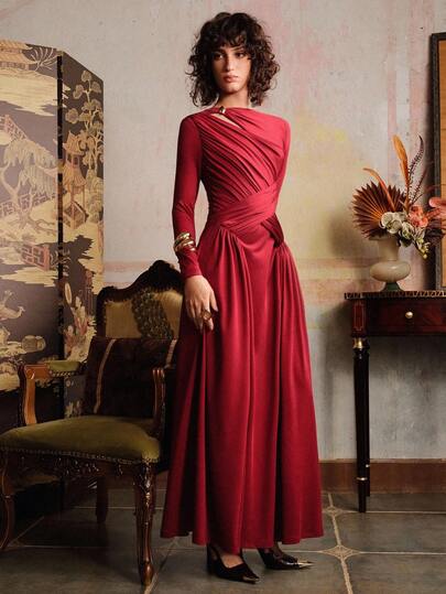 Chiquease Weinroter Damen-Strickstoff mit hohem elastischem Stoff, lange Ärmel, One-Shoulder-Ausschnitt, Taille, langer Rock mit Metallringschnalle, hohle, gekreuzte, asymmetrische Falten, schmaler Schnitt, langer Rock mit langem Schwung, elegantes langes Dating-Kleid, Herbstkleidung für Damen, Halloween-Kostüme, elegante Kleider für Damen, Hochzeits- und Partykleid, Partykleid, Winterkleidung