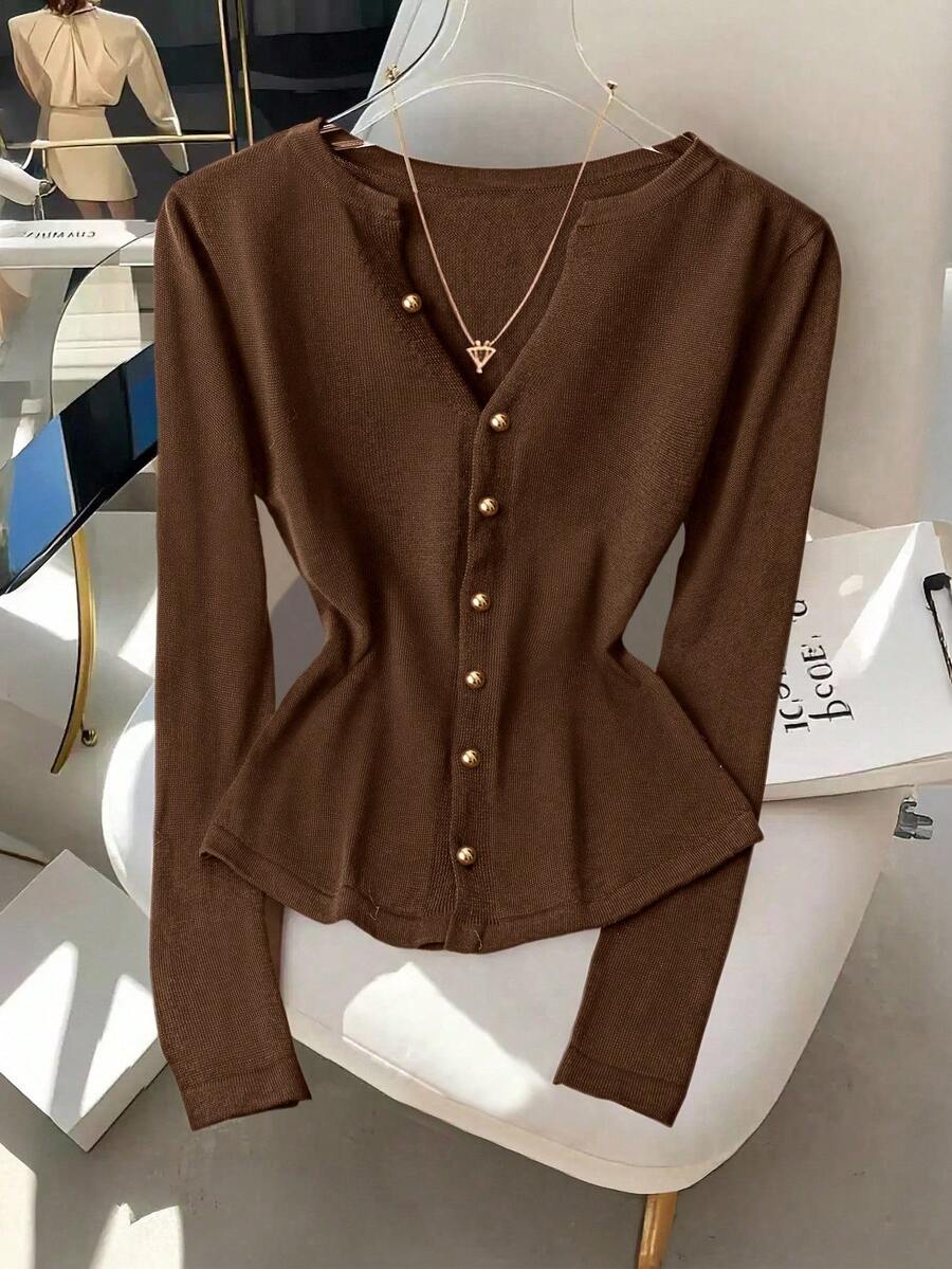 GlowEve Nouveau gilet cardigan col V pour femmes, couleur unie, élégant, polyvalent, tricot mode minimaliste