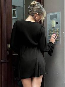 Pariaura Váy trơn cổ chữ V tối giản thanh lịch dành cho nữ - màu đen - Xem 2