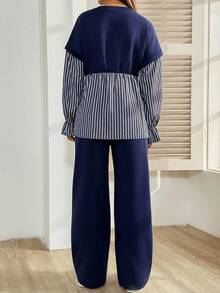 SHEIN 2件套孕妇条纹印花圆领长袖上衣和阔腿裤套装 - 藏蓝色 - 查看 2