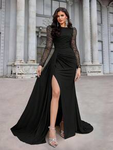 Aureia Elegant Lyxig Paljettbroderad Patchwork Elastisk Stickad Rund Halsringning Rynkad Transparent Långärmad Figursnörad Klänning med Hög Slits, Lämplig För Singelfest, Dejt, Gala, Födelsedag, Bröllop, Formellt Tillfälle, Alla Hjärtans Dag - Svart - Visa 4