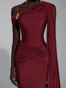 Elitara Elegant & Fashionable Apocalyptic Chocolate Brown Knit Fabric Asymmetric Shoulder Half-Exposed Shoulder Tailored Fitted Mermaid Hem Dress, Handcrafted Dimensional Pleats Metal Buckle Waist Crossover Ruched Fitted Mermaid Hem, Suitable For Fashion Galas, Formal Dinners, Business Events, Balls, Cocktail Parties, Halloween Parties, Wedding Guest Dresses