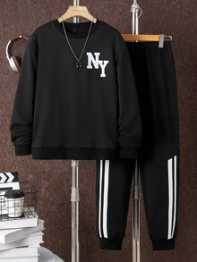2pcs/Set Casual Teenager Boys Letter Print Crew Neck Sweatshirt And Jogger Pants Set, Suitable For Daily Commute And Sports Wear - Black - View 1
