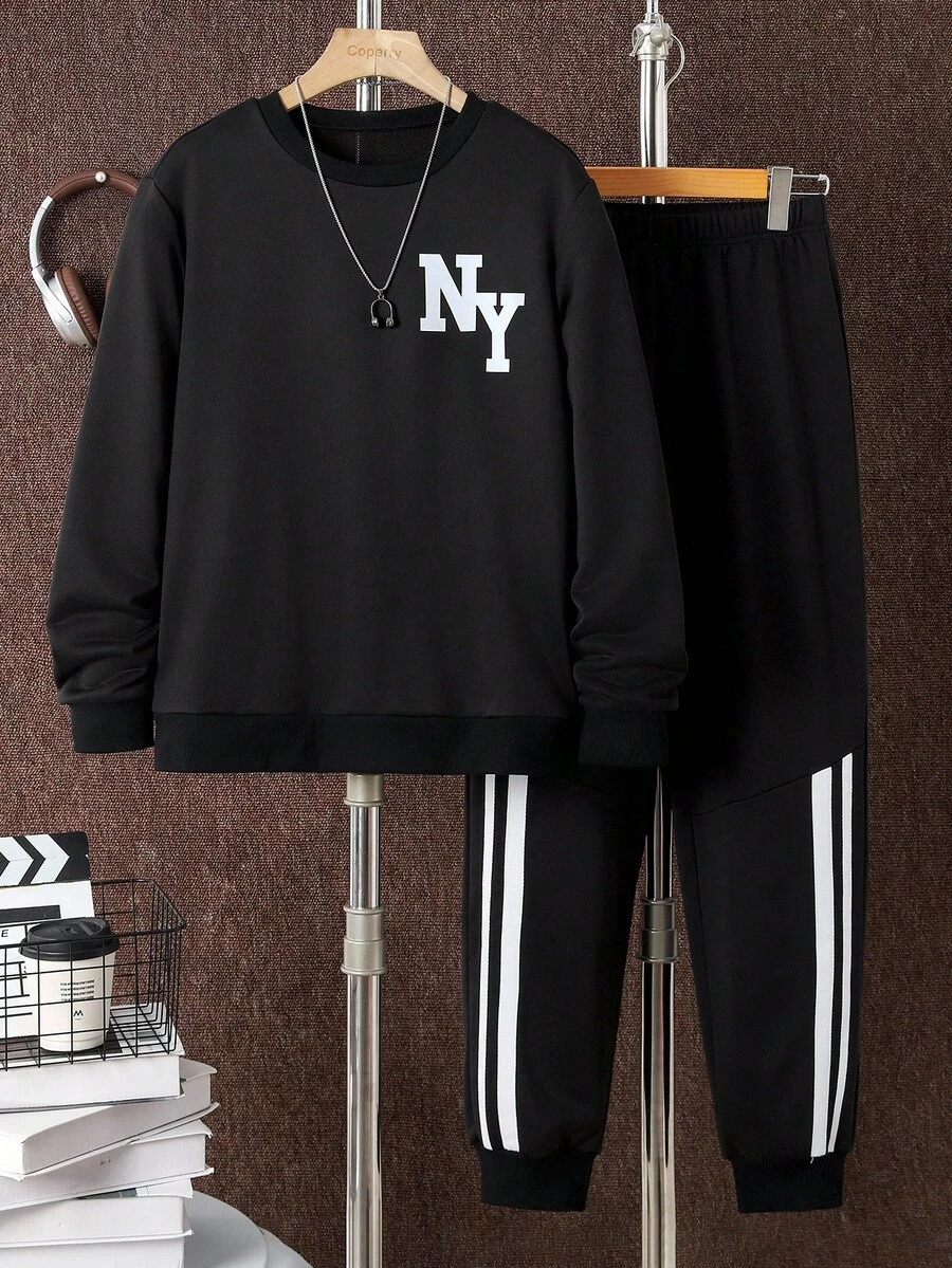 2pcs/Set Casual Teenager Boys Letter Print Crew Neck Sweatshirt And Jogger Pants Set, Suitable For Daily Commute And Sports Wear - Black - View 1