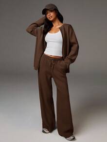 Athîral Quần len ống rộng thoải mái, đa năng, dây rút, thời trang thường ngày, quần len ống rộng, quần len ống loe, quần len ống rộng cho nữ vào mùa thu/đông - màu nâu - Xem 4