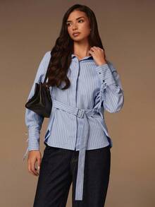 Athîral Women's Light Blue Pinstripe Structured Shirt | Crisp Textured Fabric, Relaxed Straight Fit, Classic Point Collar, Drop Shoulder Long Sleeves With Adjustable Tie-Cuff Detail, Waist Belt With Metallic Buckle & Hidden Metal Snap Closure, Streamlined Minimalist Style For Office, Daily Socializing & Capsule Wardrobe Essentials - Blue - View 1