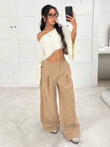 SHEIN EZwear 女式纯色松紧腰褶皱阔腿宽松休闲保暖内衬裤 - 駝色 - 查看 4