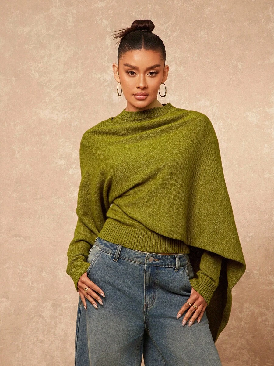 Lumalex Winter Fall Women Turtleneck Fitted Long Sleeve Sweater With Cape Shawl Green Sweater Green Long Sleeve Top Cowl Neck Top Winter Clothes For Women Sweaters Turtle Neck Women Glamour Elegant Dress Fall New Style Women Luxury Prom Gathering Party Banquet Modest Old Money Coquette Glitter Holiday Party Rave Festival Outing Vacation Hot Outdoor Richly Layered Wedding Season Banquet ID Al-Adha Al-Adha Party New Year Chic Autumn Fall New Style Women Gala Night Delicate Romance