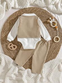 Loomiva Newborn Baby Boy 3 Pieces Set: Contrast Bow Collar Long Sleeve Top, Elastic Waist Pants, And Sleeveless Vest