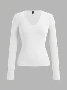 SHEIN EZwear Bộ 3 áo thun dài tay lót nỉ cổ chữ V sâu ôm vừa vặn thoải mái cho nữ, phù hợp cho mùa thu/đông - Nhiều màu - Xem 6