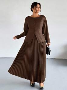 Firerie 大码女式通勤新款仿口袋装饰船领卡其色情人节办公室别致通勤优雅高街长袖春秋西装外套和百褶裙两件套 - 棕色 - 查看 1