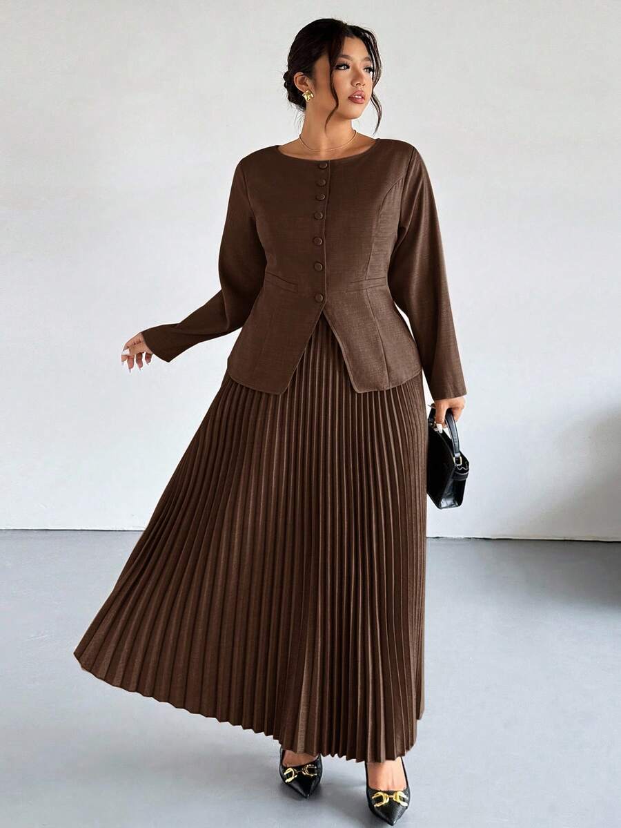 Firerie 大码女式通勤新款仿口袋装饰船领卡其色情人节办公室别致通勤优雅高街长袖春秋西装外套和百褶裙两件套 - 棕色 - 查看 1