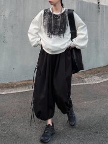 FRIFUL Women's Crew Neck Drop Shoulder Long Sleeve Hem Drawstring Contrast Color Print Loose Casual Pullover Sweatshirt, Autumn/Winter Thermal Lined Carnival - White - View 2