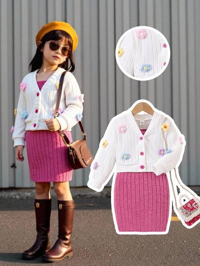 小女孩针织开衫和连衣裙两件套，甜美风格：白色针织开衫，V 领，彩色花卉装饰，搭配合身的紫红色针织连衣裙，柔软有弹性的针织面料，泡泡袖设计，百搭春秋装