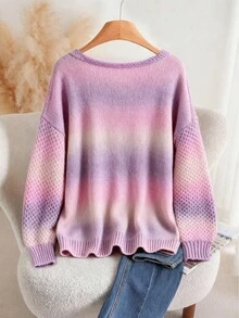 Franclia Pullover Sweater in Farbverlauf-Optik für Große Größen, Herbst/Winter Sonnenuntergangsfarben Sommer Pullover - Violett - Übersicht 2