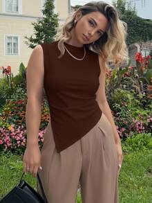 Jeta Ari Women's Autumn Winter Brown Mocha Solid PU Leather Pleated Asymmetrical Hem Fashion Vest, Brown Tops, Casual Tops, Party Tops, Festival Tops, Halloween Tops, Going Out Tops,Leather  Top,Business Casual Woman ,Thanksgiving Day - Coffee Brown - View 1