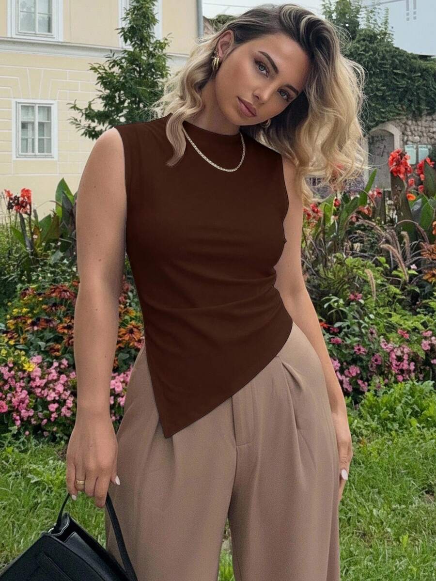 Jeta Ari Women's Autumn Winter Brown Mocha Solid PU Leather Pleated Asymmetrical Hem Fashion Vest, Brown Tops, Casual Tops, Party Tops, Festival Tops, Halloween Tops, Going Out Tops,Leather  Top,Business Casual Woman ,Thanksgiving Day - Coffee Brown - View 1