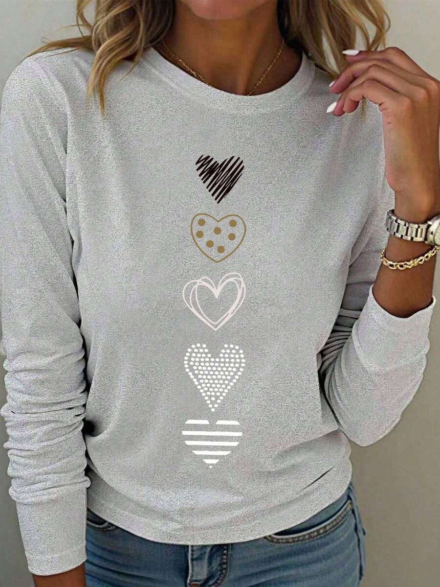 EMERY ROSE Áo thun tay dài in hình trái tim cỡ lớn dành cho nữ, áo thun họa tiết mùa thu dành cho nữ, vải dành cho mùa xuân thu - Màu Xám nhạt - Xem 1