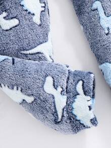 SHEIN 2 件套青少年男孩可爱恐龙图案连帽长袖上衣和柔软毛绒睡裤套装，舒适亲肤，秋冬 - 藍色 - 查看 7