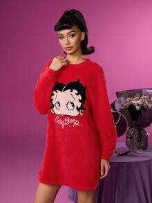 Betty Boop x SHEIN 女士秋冬字母卡通刺绣落肩睡裙睡衣，哞哞睡袍