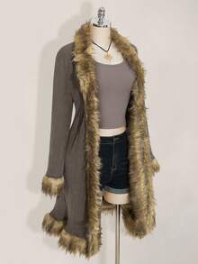 SHEIN ICON 加大码棕色针织中长款毛领夹克，波西米亚风 - 棕色 - 查看 4