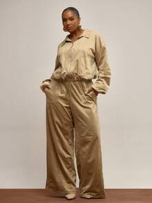 MUSERA 加大码阔腿系带口袋麂皮长裤，日常、可爱、休闲、舒适，适合夏季派对穿着 - 黃色 - 查看 1