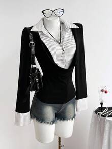 Elamini Áo sơ mi dài tay họa tiết sọc vá màu đen đơn giản, thoải mái, phong cách đại học, có mũ trùm đầu, dáng ôm vừa vặn, thoải mái cho nữ, mùa thu/đông - Đen và trắng - Xem 1