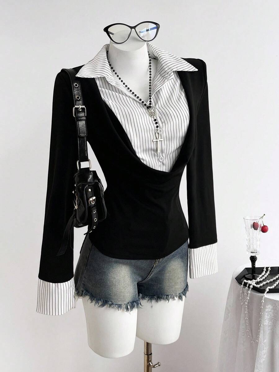 Elamini Áo sơ mi dài tay họa tiết sọc vá màu đen đơn giản, thoải mái, phong cách đại học, có mũ trùm đầu, dáng ôm vừa vặn, thoải mái cho nữ, mùa thu/đông - Đen và trắng - Xem 1