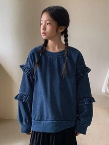 DAZY Tween Girls' Round Neck Drop Shoulder Long Sleeve Ruffle Hem Loose Casual Denim Top