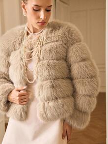 Aveloria Rosie Short Faux Fur Collar Striped Design Elegant Romantic Sophisticated Party Versatile Women Faux Fur Coat