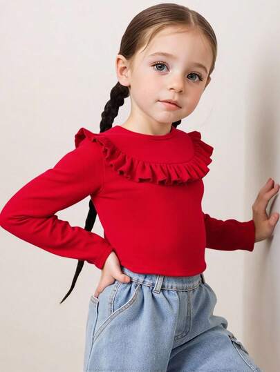 Young Girl's Casual Fashion Versatile Black Knit Ruffle Trim Long Sleeve Blouse, Suitable For Autumn And Winter, Red For Christmas, Party Wear, Daily Wear School, Birthday , Princess Tee Top.