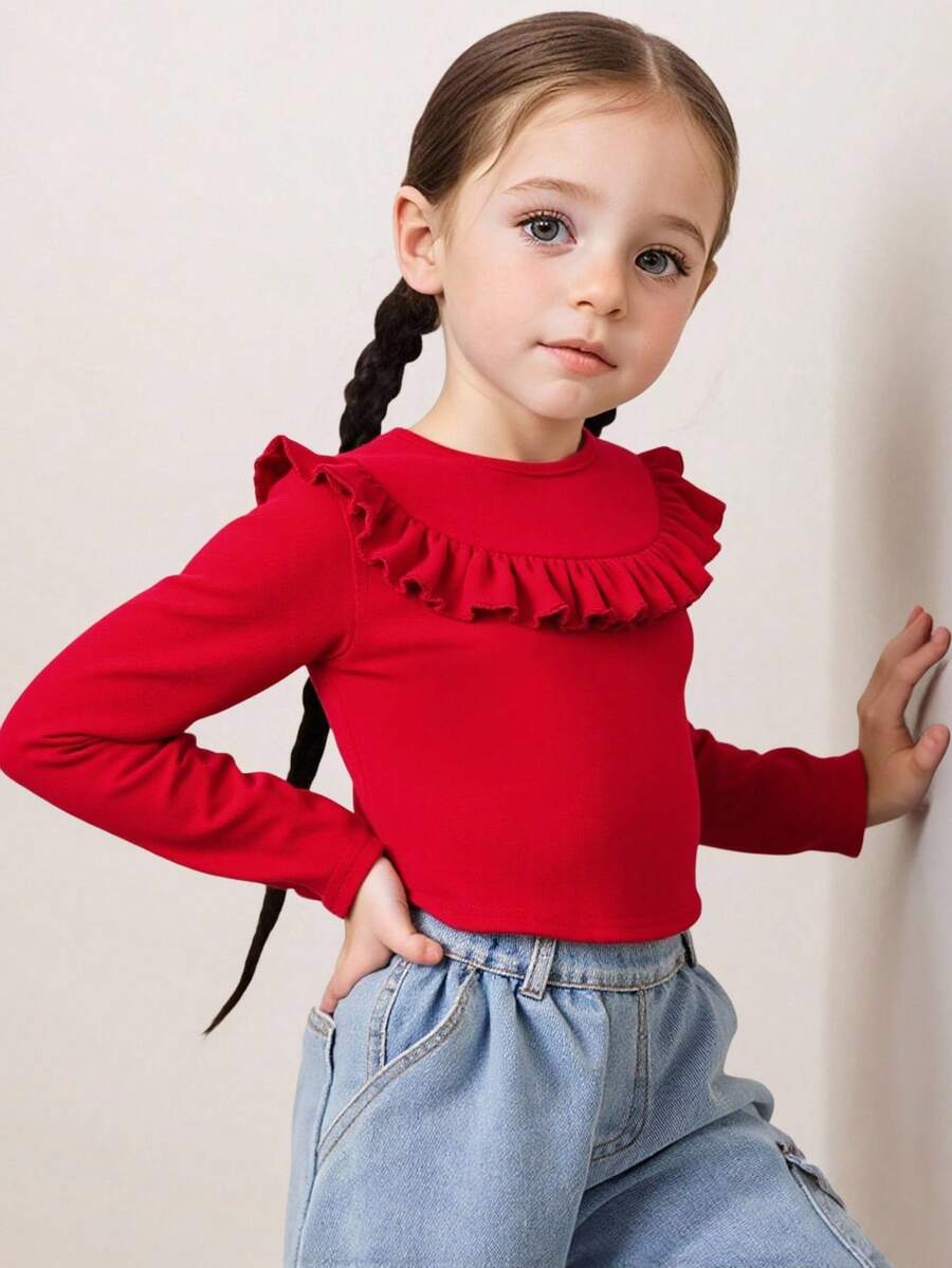 Young Girl's Casual Fashion Versatile Black Knit Ruffle Trim Long Sleeve Blouse, Suitable For Autumn And Winter, Red For Christmas, Party Wear, Daily Wear School, Birthday , Princess Tee Top.