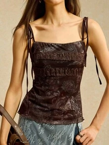 Easelle 女士花卉印花蕾丝荷叶边装饰吊带背心，适合度假穿着 - 咖啡棕 - 查看 1