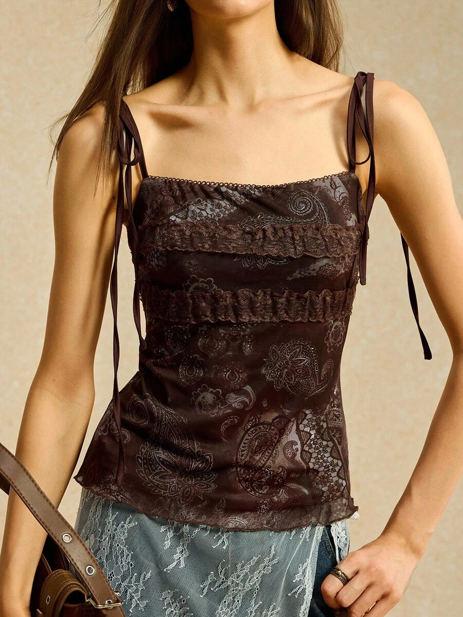 Easelle 女士花卉印花蕾丝荷叶边装饰吊带背心，适合度假穿着 - 咖啡棕 - 查看 1