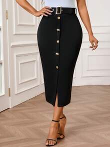 SHEIN Lady Women's Elegant Skirt With Metal Buckle Embellishment, Suitable For Commuting Summer Thanksgiving Graduation Skirt - Black - View 3