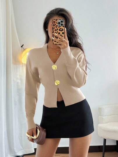 Elyressa Women's Fashion Casual Minimalist Asymmetric Button Knit Cardigan, Sophisticated Design Sweater Top